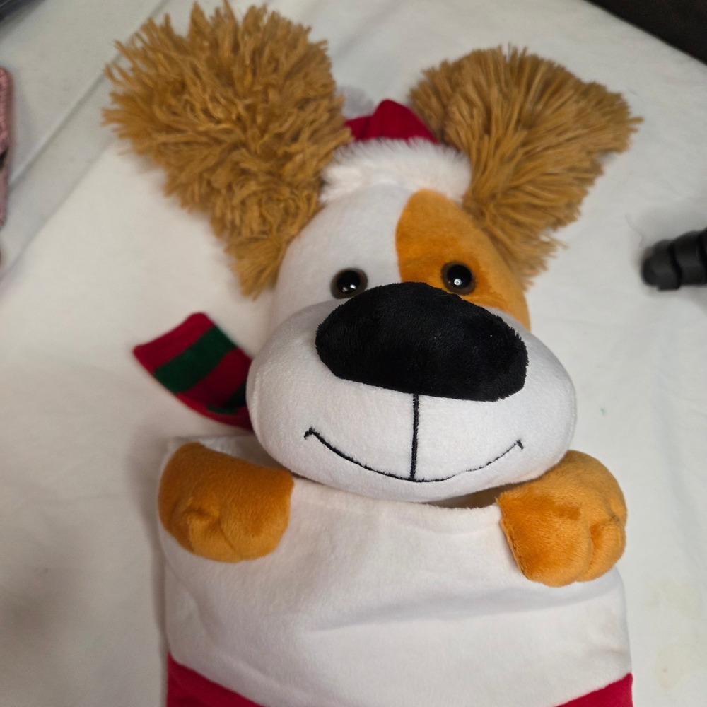 Gemmy Industries Christmas Stocking‎ Dog Plush Red Santa Hat Scarf Musical Works